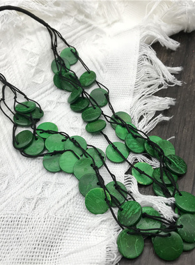 外出游玩拍照木质圆片防过敏项链三层绒绳演出棉麻风项链necklace