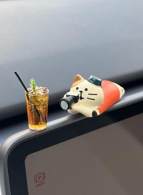 茶猫咪摆办公室桌喝H6450面屏幕电内脑萤幕摆件工位趴件趴装饰品