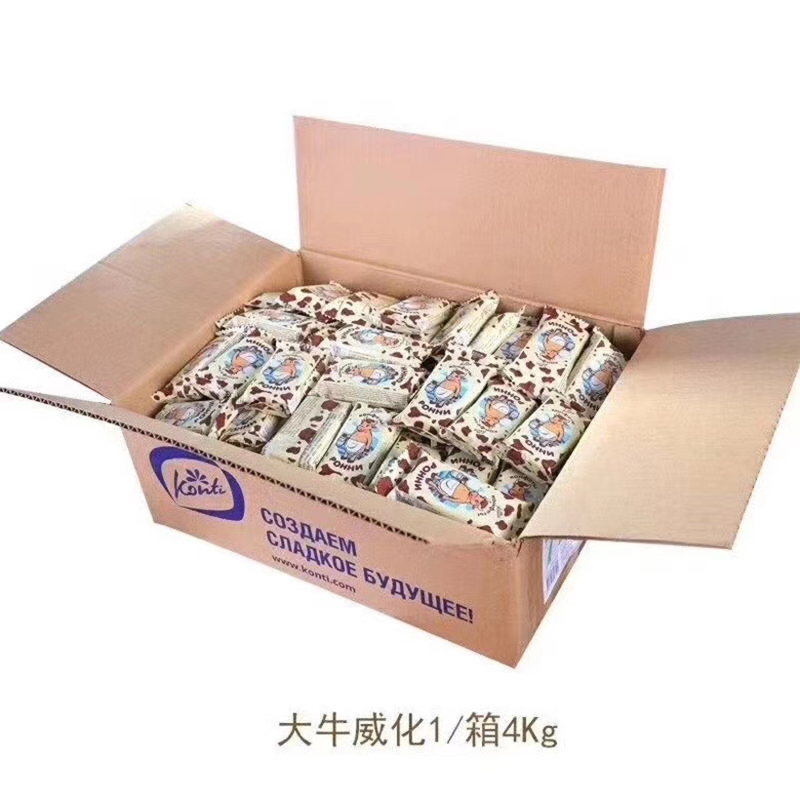 进口整箱俄罗斯原装konti康吉牌巧克力味大牛威化饼独立包装4000g - 图0