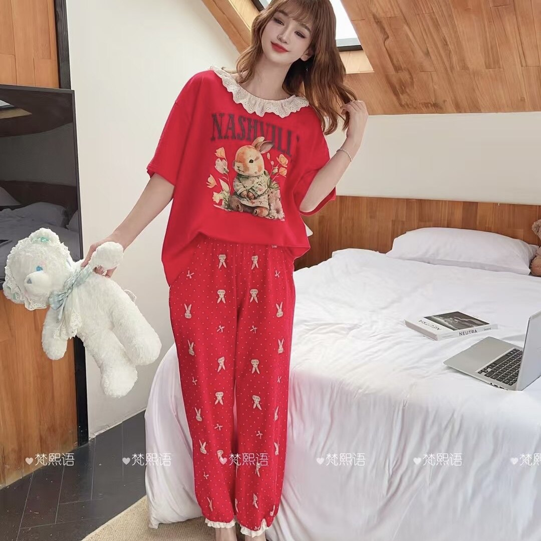 女薄棉睡衣春夏薄款短袖长裤宽松家居服套装圆领