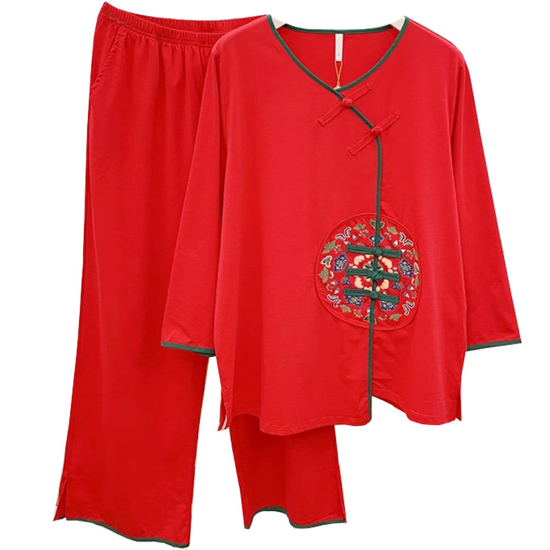 红色睡衣套装女纯棉民族风新年本命年宽松薄款家居服绣花盘扣长袖