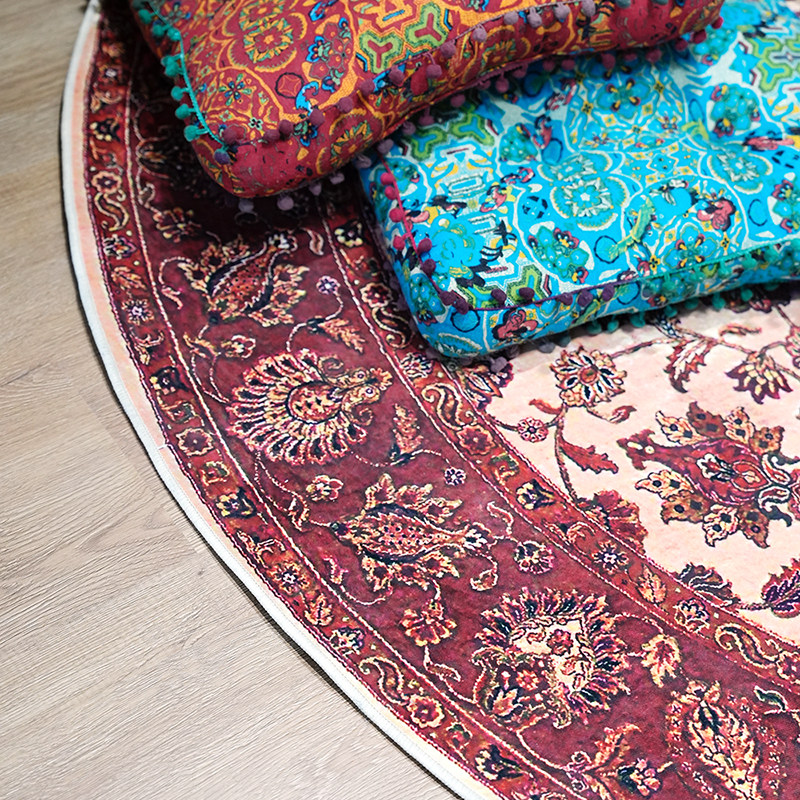 珊瑚粉中式民族风圆形地垫家用客厅沙发垫单椅垫卧室衣帽间镜前毯,淘宝优惠券,粉丝福利购,淘宝优惠卷