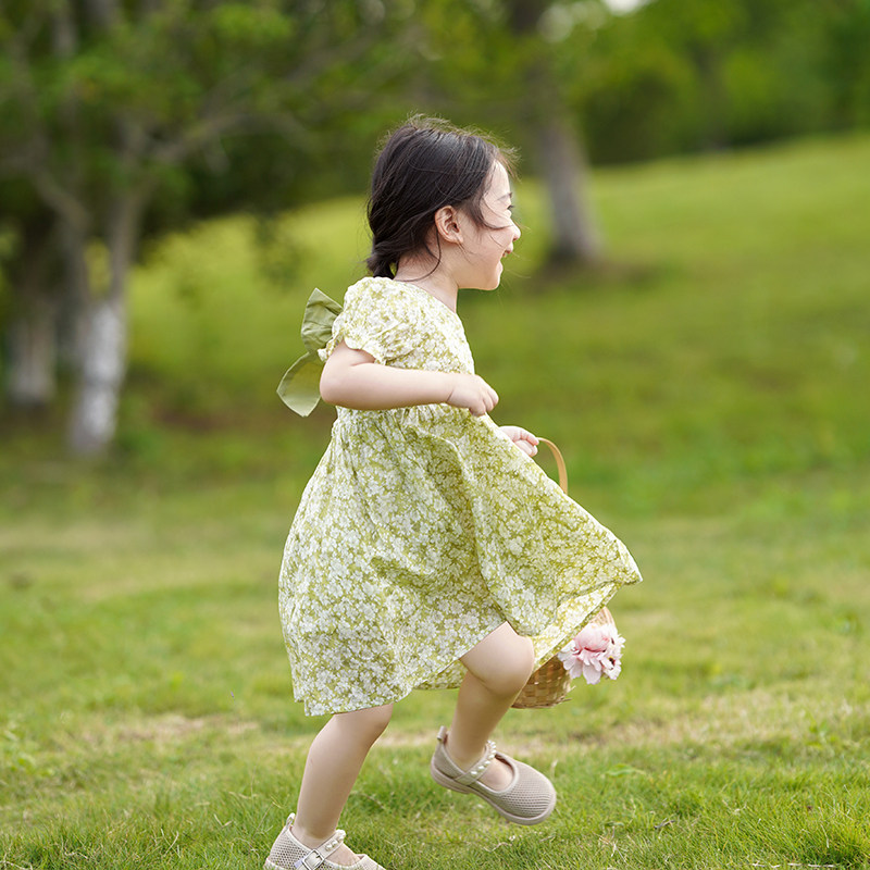 女童碎花裙夏季新款洋气韩版短袖绿色周岁女宝连衣裙儿童裙子夏款