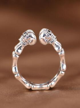 骷髅骨头戒指足银朋克男款