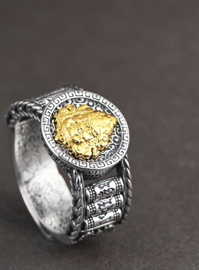 男款S925银金色黄财神开口戒指