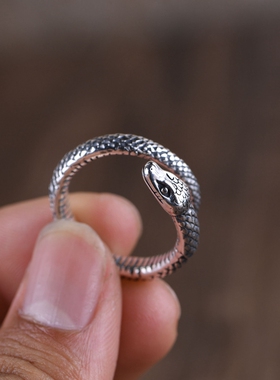 S925银复古做旧蛇戒指男款个性霸气眼镜王蛇开口可调节泰银指环