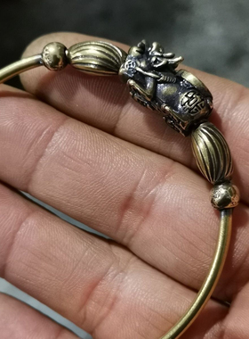 古玩收藏精品天然黄铜鎏金貔貅手镯,包浆醇厚,品相完好不掉色招财