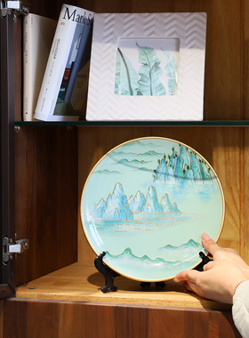 挂盘摆盘青绿国画山水摆件工艺品