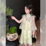 Ципао, летнее детское платье с рукавами без рукавов, ханьфу, длинная юбка, китайский стиль