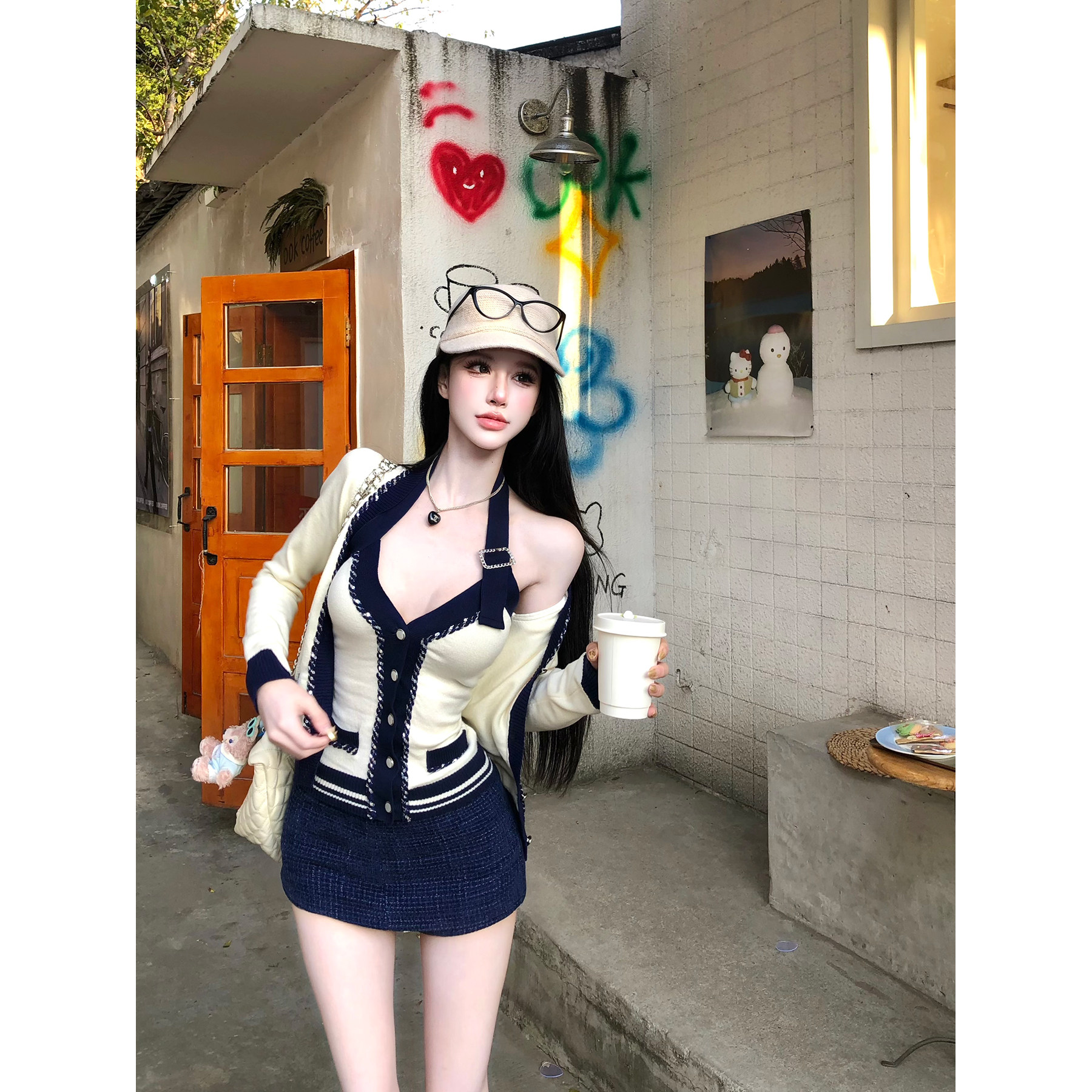 灰尘邓邓 小香风套装女2025冬季新款撞色针织开衫挂脖背心半身裙,淘宝优惠券,粉丝福利购,淘宝优惠卷