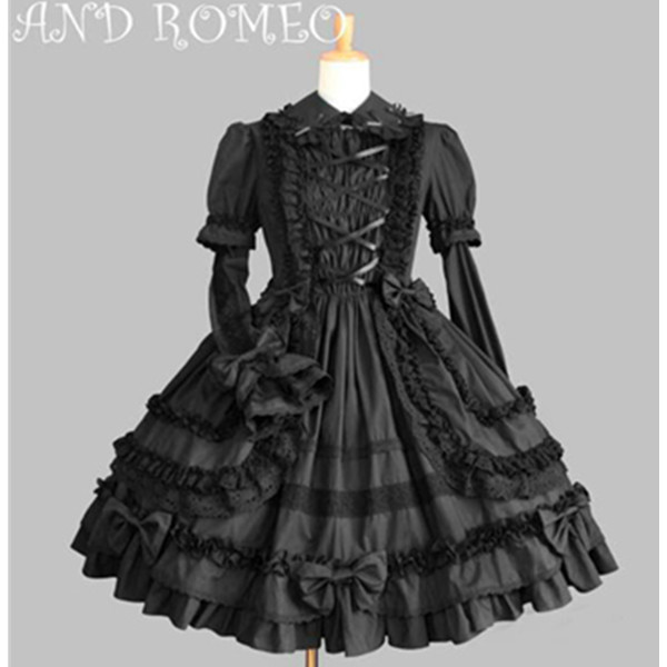 万圣节日系软妹Lolita洋装哥特式蕾丝连衣短裙晚礼服纯全黑色cos - 图0