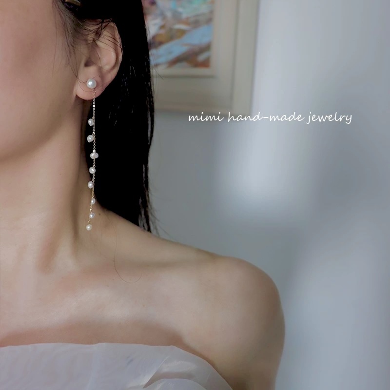 MIMI 原创14K注金天然巴洛克珍珠流苏耳环耳夹长款耳线耳饰耳坠 - 图2