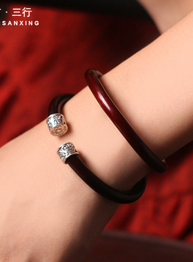 不掉色鸡血藤手镯纯银民族风情侣