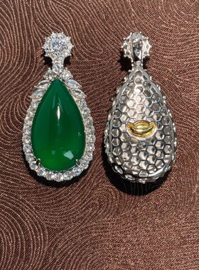 925纯银首饰天然高冰绿玉髓水滴形银镶玉翡翠绿色吊坠国潮挂坠女