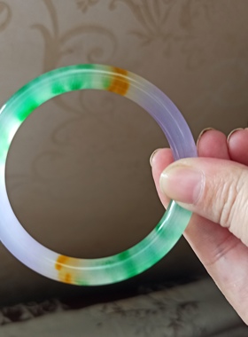 高冰种福禄寿翡翠玉手镯女石英岩玉细圆条三色翠绿色冰透玉镯子女