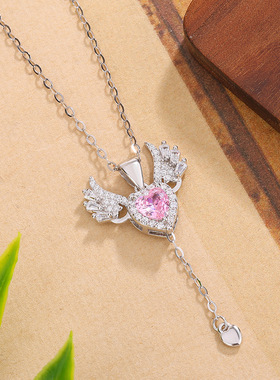 s925纯银首饰新款丘比特之心项链女爱心粉锆浪漫主义天使翅膀锁骨
