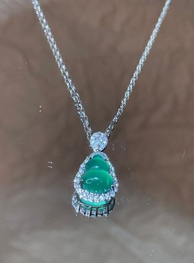 s925纯银首饰天然玉石高冰种绿玉髓葫芦翡翠绿色吊坠项链女颈饰品