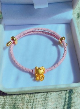 黄金包银Hello Kitty千万两招财猫转运珠女黄金色手链KT猫红手绳