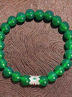 S925纯银新款8mm天然冰种绿玉髓手串翡翠帝王绿色玛瑙手饰手链女