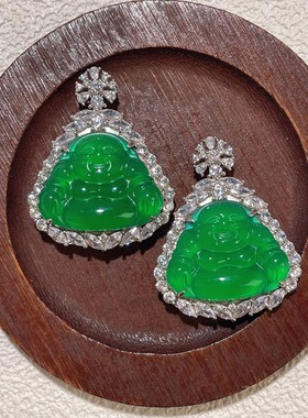 s925纯银首饰天然高冰绿玉髓佛公吊坠翡翠帝王绿色国潮弥勒佛挂坠