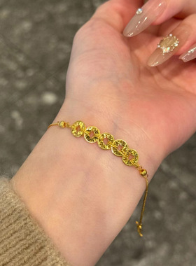 S925纯银镀黄金色钱多多五帝币手链碎冰冰手串轻奢国潮风手饰女生