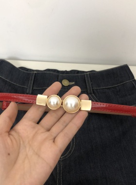 珍珠对扣细腰带女本命年大红色连衣裙收腰显瘦简约百搭可伸缩腰封