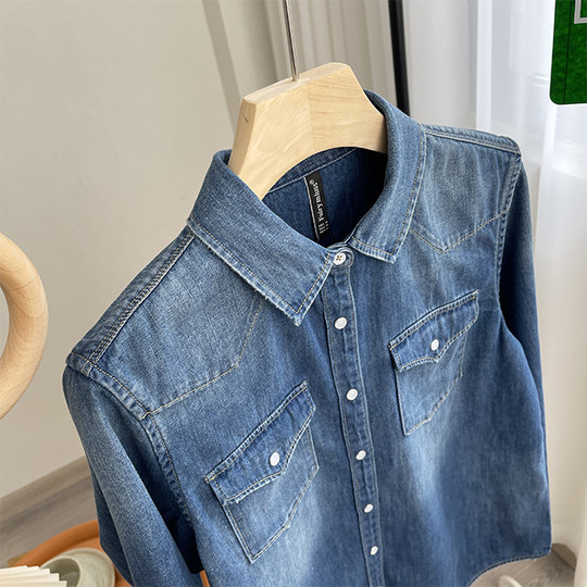 美式复古软牛仔双口袋衬衫磨破设计水洗磨白衬衣翻领叠穿百搭女装