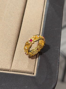 千夕足金9995D镶嵌花边四叶草黄金戒指女款情人节生日礼物送女友