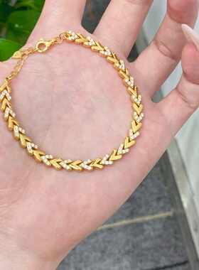 千夕 足金999中古风麦穗手链黄金手链女款情人节生日礼物送老婆