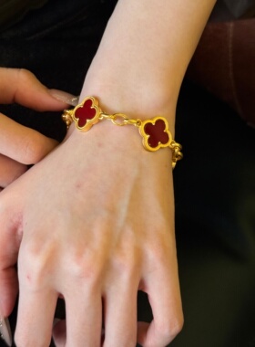 千夕 足金999双面四叶草手工链黄金手链女款情人节生日礼物送老婆