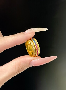 千夕 足金999彩虹时来运转黄金戒指女款求婚情人节生日礼物送女友