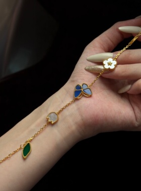 千夕 足金999蓝蝴蝶五花手链黄金手链女款情人节生日礼物送老婆