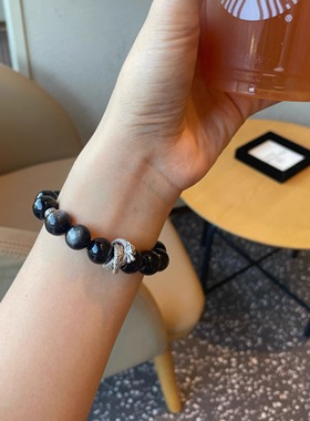 天然黑色系水晶简约银曜石手链