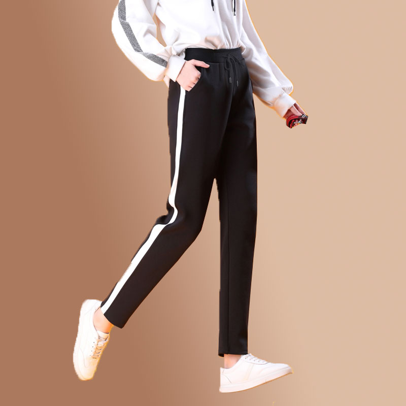 加绒运动裤女秋冬 新款大码宽松韩版显瘦哈伦裤银白边休闲棉裤 2019 加绒运动裤女秋冬 新款大码宽松韩版显瘦哈伦裤银白边休闲棉裤 2019
