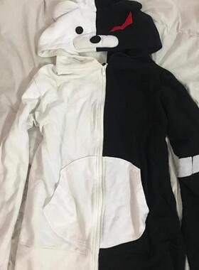 美式复古Vintage古早朋克y2k黑白秋冬款小熊拼接连帽外穿卫衣外套