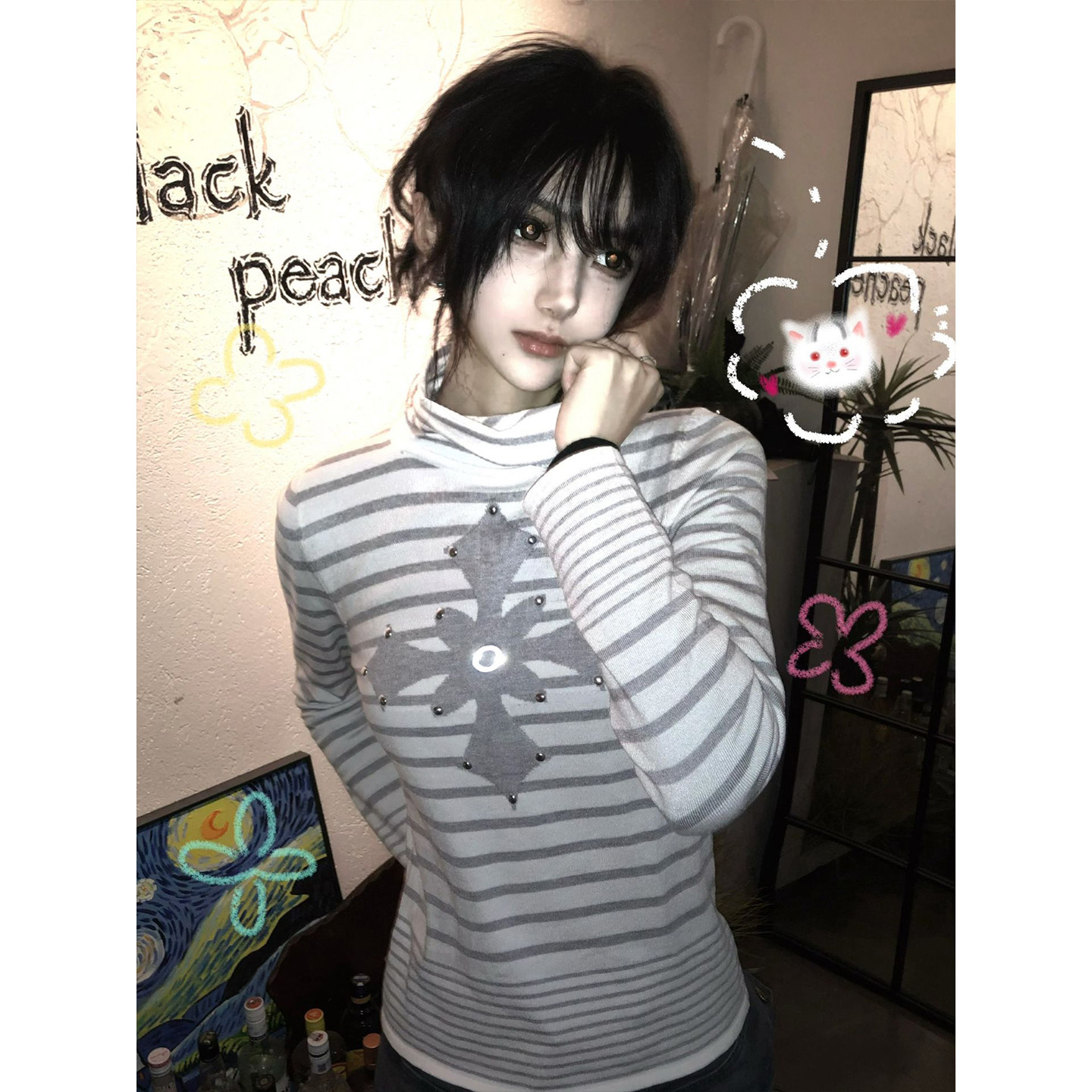 亚文化长袖女早春十字架铆钉条纹高领针织打底衫修身显瘦y2k上衣,淘宝优惠券,粉丝福利购,淘宝优惠卷