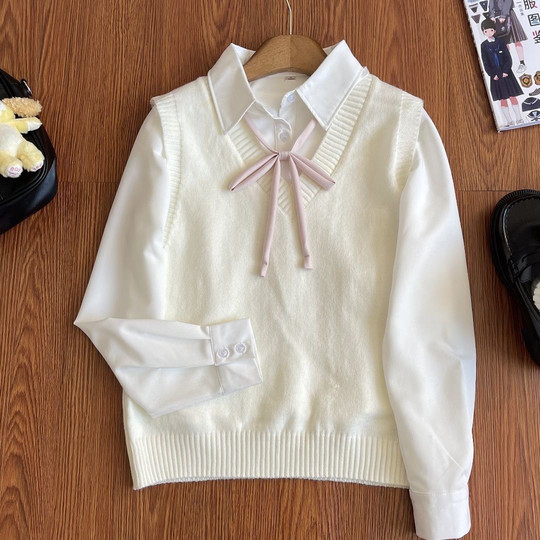 花狸酱套装马甲背心毛衣JK制服宽松基础款少女针织衫v领无袖毛衣