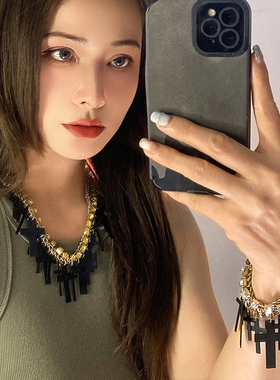拽姐港风十字架黑金撞色项链女