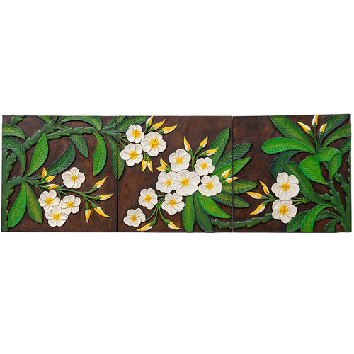 泰国鸡蛋花壁饰东南亚客厅电视背景墙装饰画 三联实木立体浮雕画 - 图3