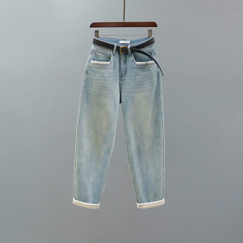 浅蓝色高腰哈伦牛仔裤女2025秋冬复古加绒加厚宽松休闲老爹萝卜裤 - 图1