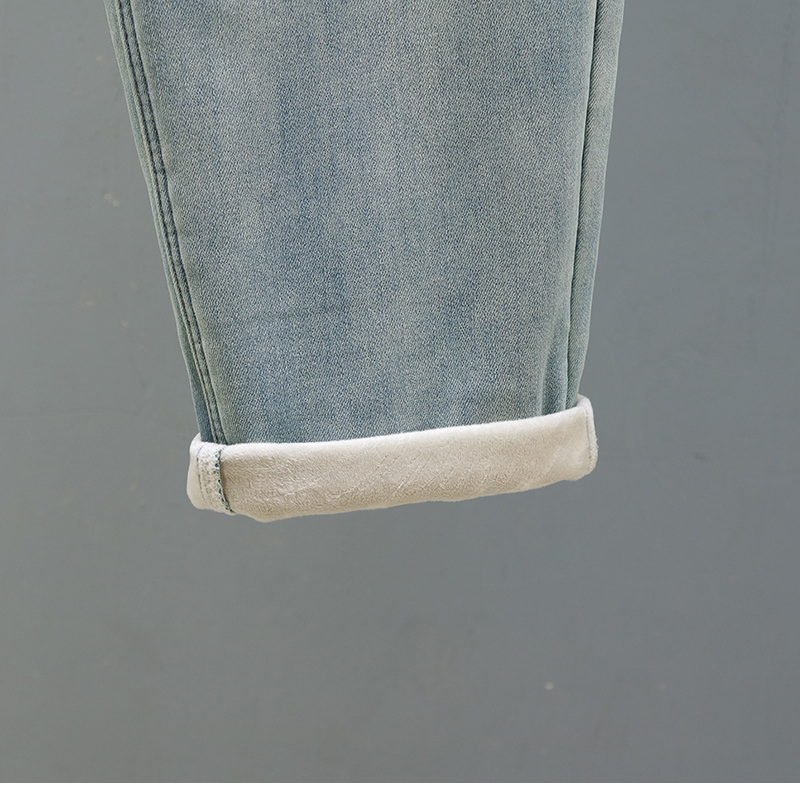 浅蓝色高腰哈伦牛仔裤女2025秋冬复古加绒加厚宽松休闲老爹萝卜裤 - 图2