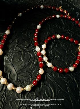 岛屿暖阳原创新年系列复古天然珍珠 财财好运来的安哥拉红色项链