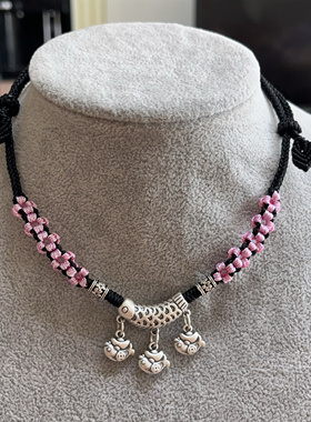 原创足银项链女鱼弯管铃铛吊坠民族风纯手工编织锁骨链手编黑绳