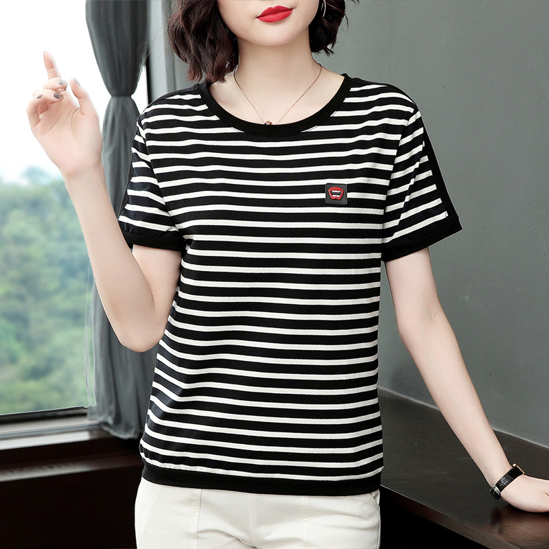 淑装潮流店纯棉短袖t恤女新款中年妈妈夏装中老年女装大码半袖条纹上衣1