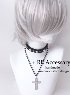 RE自制亚文化暗黑哥特朋克皮革项链多层镶钻十字架吊坠