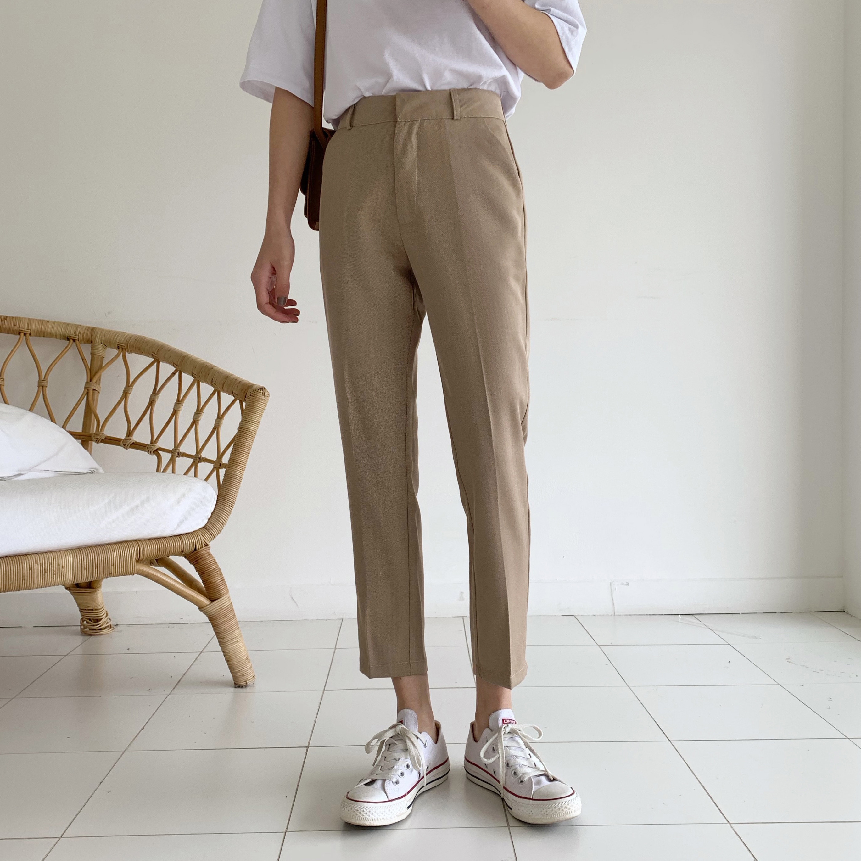 春秋新款人字纹直筒九分裤女裤子通勤烟管西装裤高腰卡其色小西裤