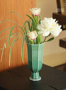 雅辑古绿八方花觚家居花瓶