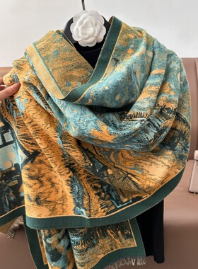 冬季法式复古羊绒围巾女设计师款莫奈油画风围脖保暖防寒新款披肩