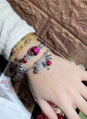 复古银饰玫红虎眼铃铛佛头流苏手链diy个性设计感水晶饰品手链女