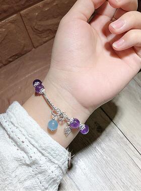 水晶饰品乌拉圭紫水晶海蓝宝叶子小鱼手链小众轻奢手部饰品